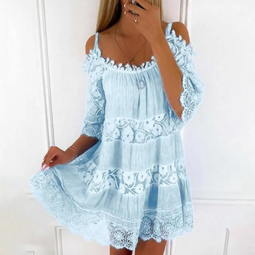 2025 Women Short Dress Scoop Neck Half Sleeves Crochet Embroidery Lace Stitching Mini Dress Cold Shoulder Lace Mesh Party Dress