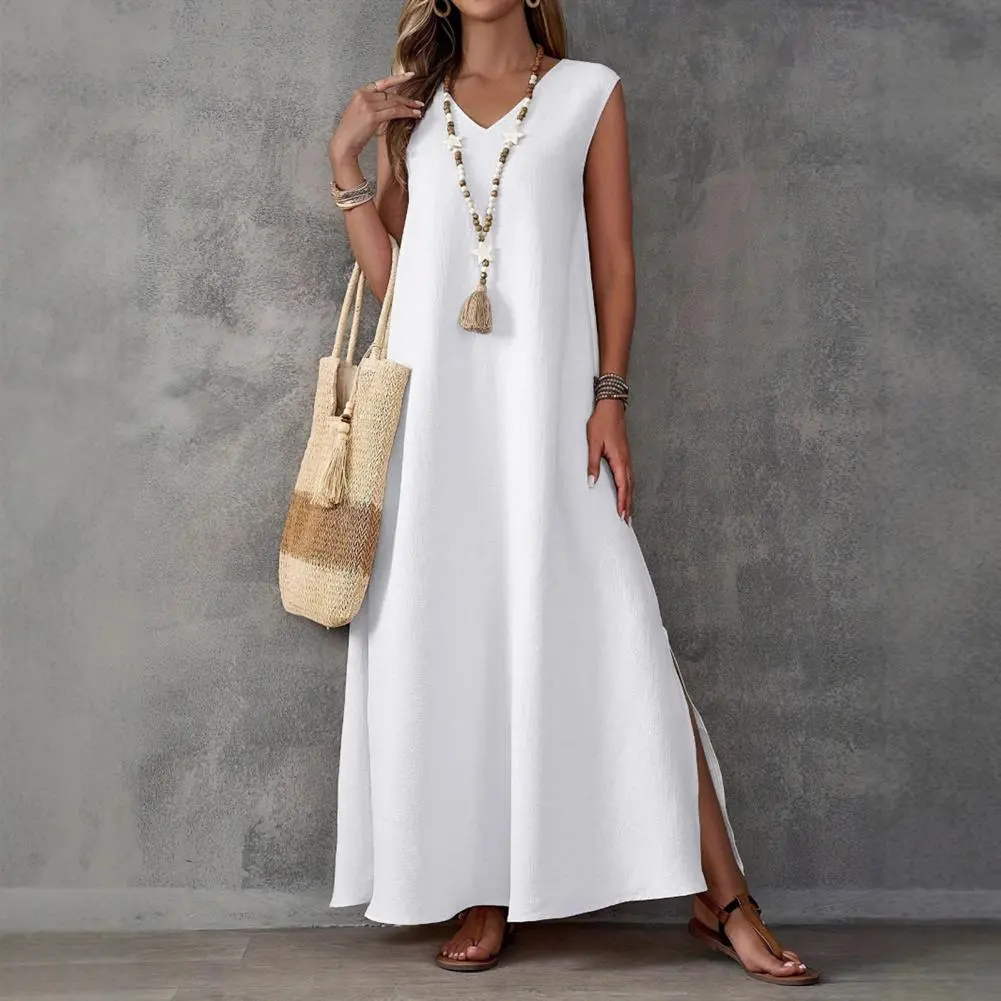 2025 new Women's Sleeveless Maxi Dress V-Neck Side Slit Long Dress Summer Casual Swing Dress Boho Beach Vacation Sundress