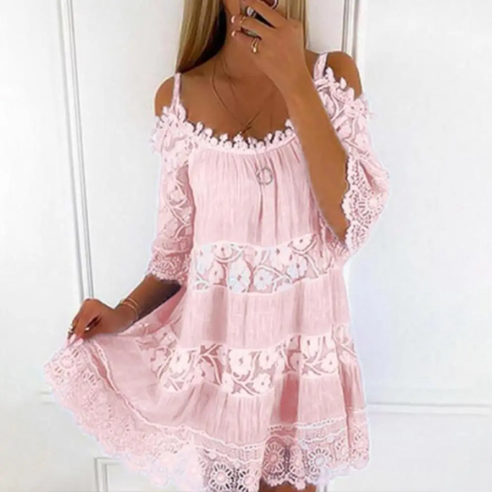 2025 Women Short Dress Scoop Neck Half Sleeves Crochet Embroidery Lace Stitching Mini Dress Cold Shoulder Lace Mesh Party Dress