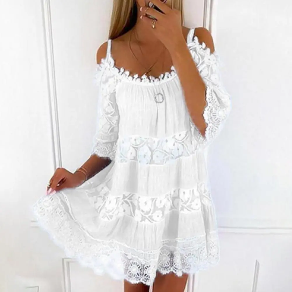 2025 Women Short Dress Scoop Neck Half Sleeves Crochet Embroidery Lace Stitching Mini Dress Cold Shoulder Lace Mesh Party Dress