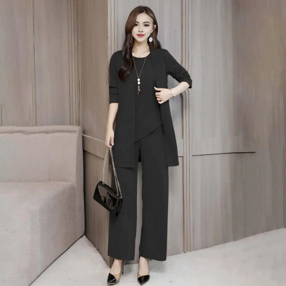 Temperament Women Suit Sleeveless O Neck Vest Cardigan Top Wide Leg Pants Set OL Office Clothes Autumn Lady Three-piece Set