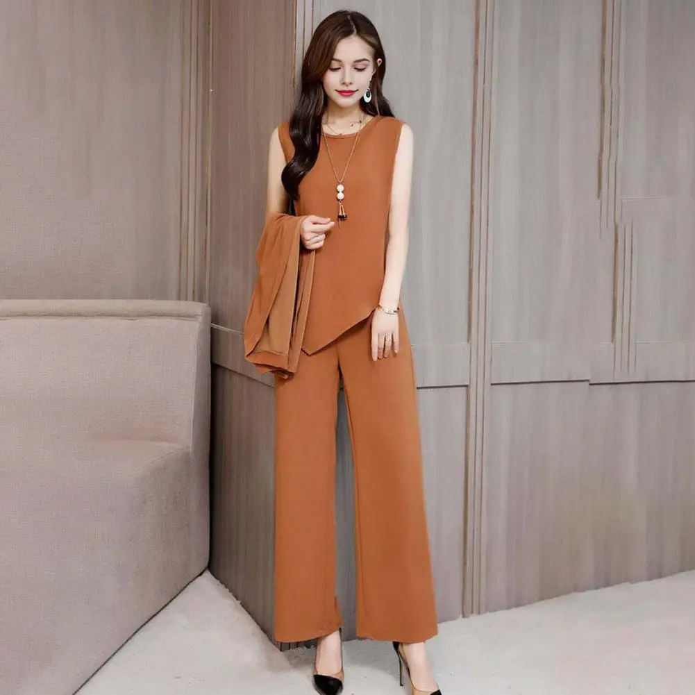 Temperament Women Suit Sleeveless O Neck Vest Cardigan Top Wide Leg Pants Set OL Office Clothes Autumn Lady Three-piece Set