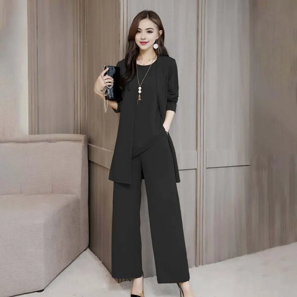 Temperament Women Suit Sleeveless O Neck Vest Cardigan Top Wide Leg Pants Set OL Office Clothes Autumn Lady Three-piece Set