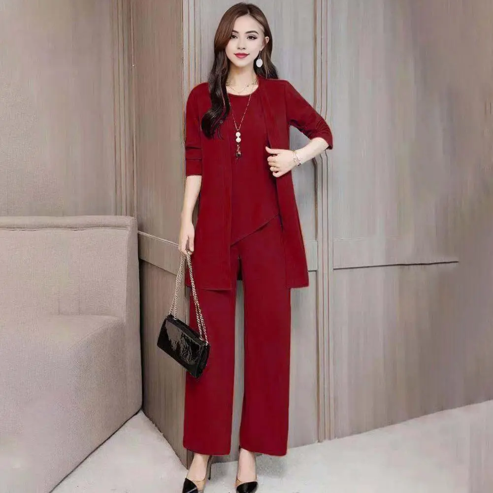 Temperament Women Suit Sleeveless O Neck Vest Cardigan Top Wide Leg Pants Set OL Office Clothes Autumn Lady Three-piece Set