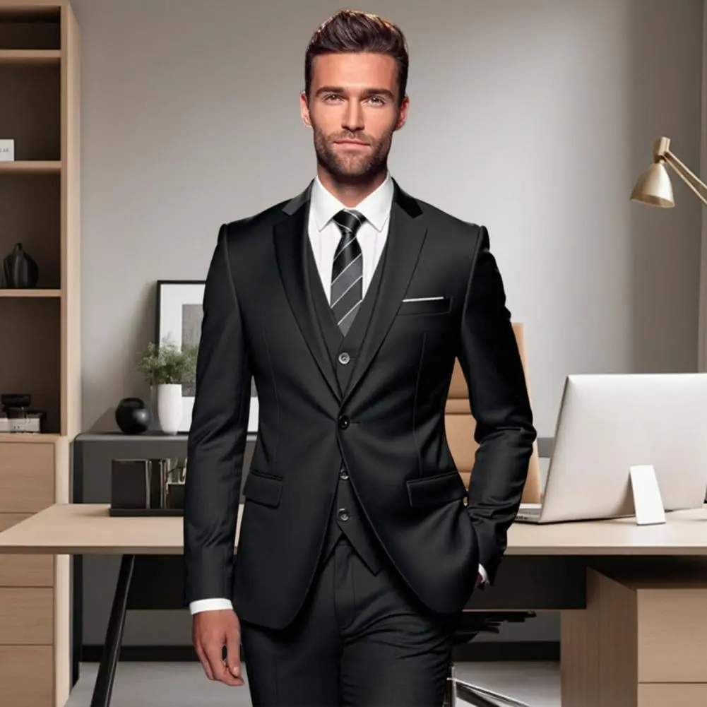 3Pcs/Set Men Slim Fit Suit Set Lapel Long Sleeve Suit Coat Waistcoat Long Pants Set Slim Fit Full Shoulder Design Business Suit