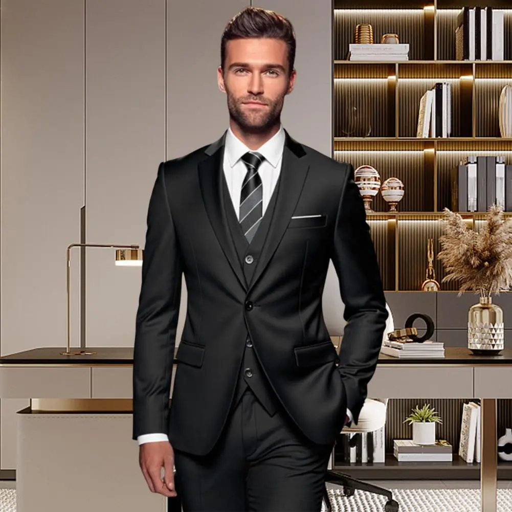 3Pcs/Set Men Slim Fit Suit Set Lapel Long Sleeve Suit Coat Waistcoat Long Pants Set Slim Fit Full Shoulder Design Business Suit