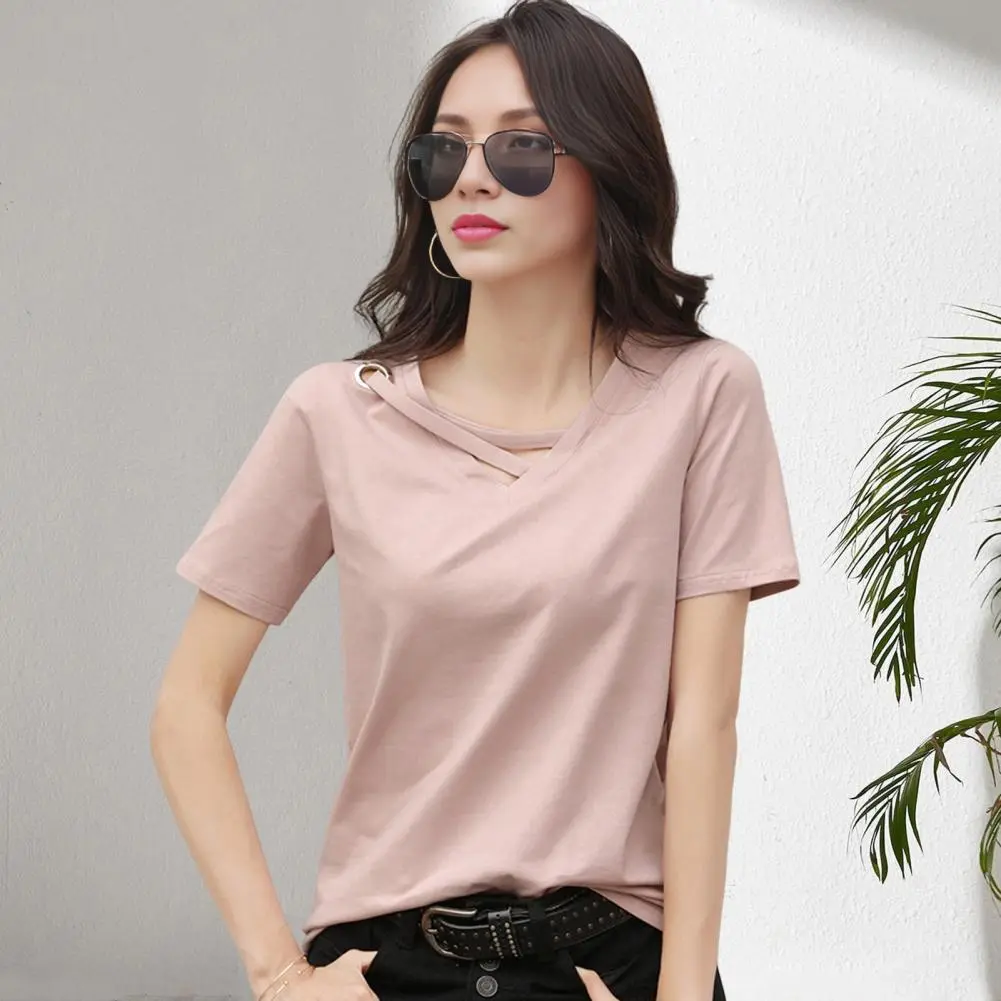 Pink Stain Women Blouse V-Neck Lace-Up Collar Short Sleeve T-Shirt Solid Color Loose Fit Casual Tee Shirt Casual Lace-Up Top