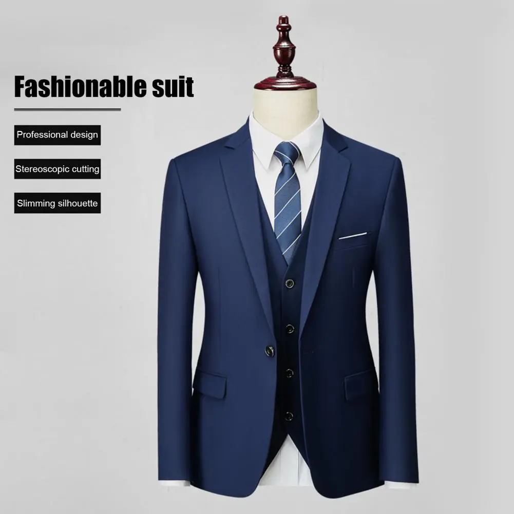 3Pcs/Set Men Slim Fit Suit Set Lapel Long Sleeve Suit Coat Waistcoat Long Pants Set Slim Fit Full Shoulder Design Business Suit