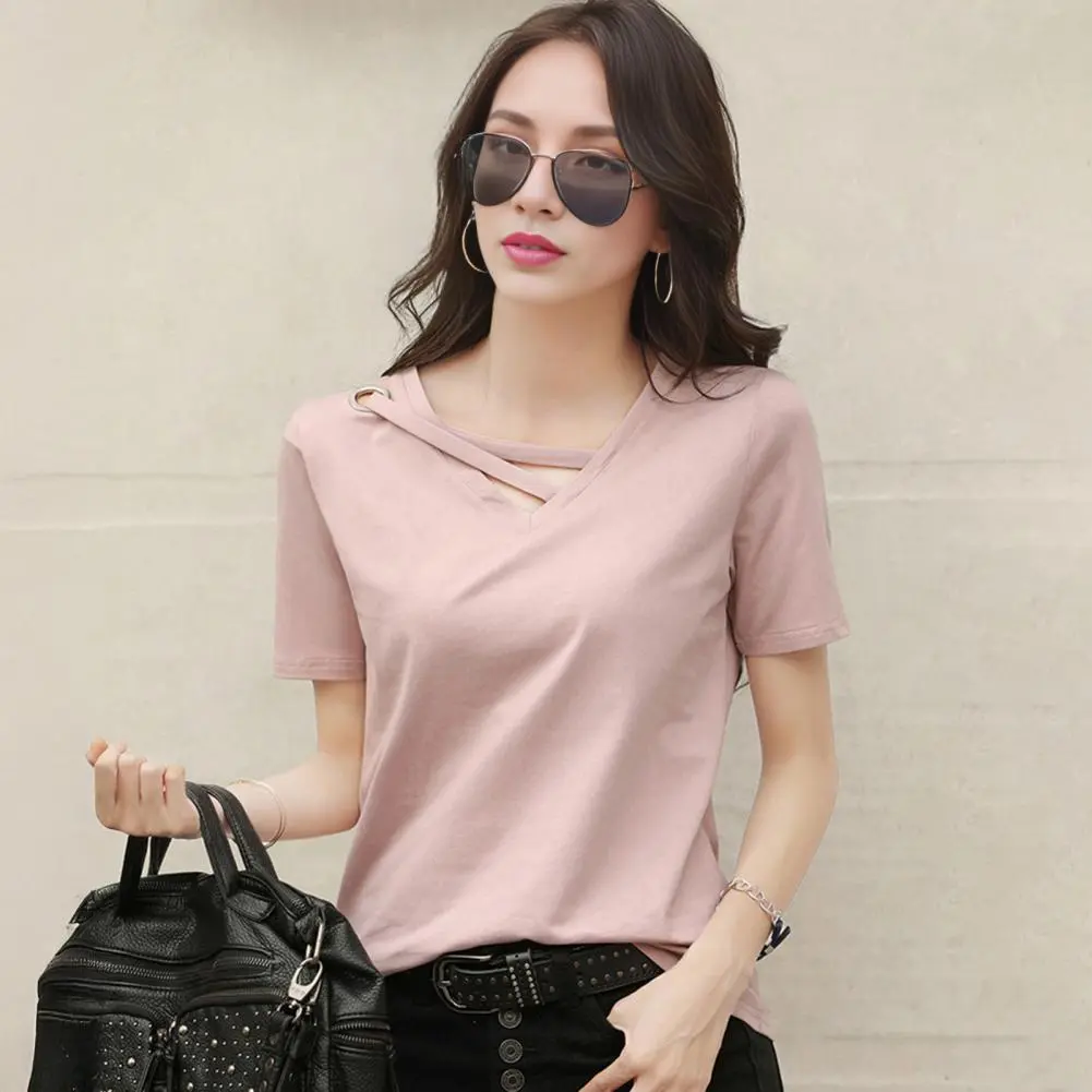 Pink Stain Women Blouse V-Neck Lace-Up Collar Short Sleeve T-Shirt Solid Color Loose Fit Casual Tee Shirt Casual Lace-Up Top