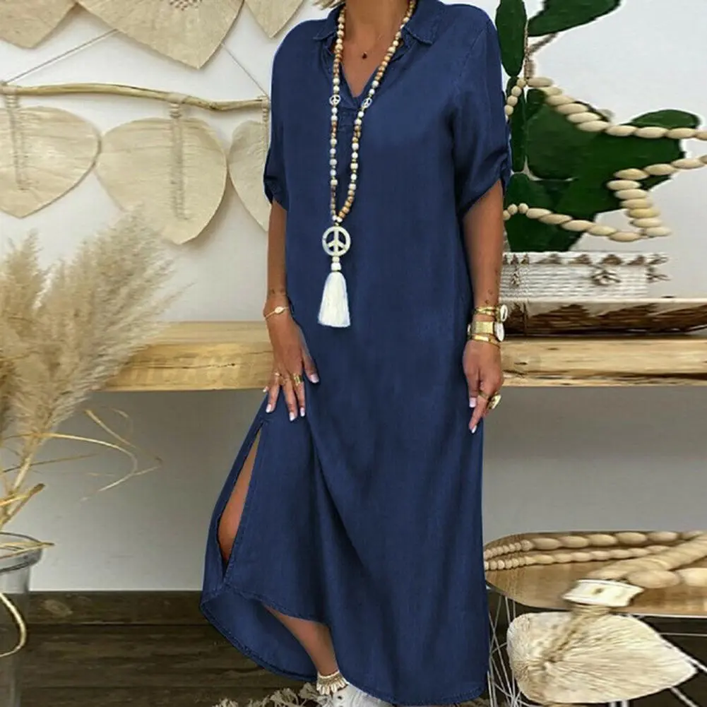 2025 Women Denim Dress V-neck Pullover Casual Denim Maxi Dress Short Sleeve Cufflink Split Hem Buttons Loose Pullover Dress