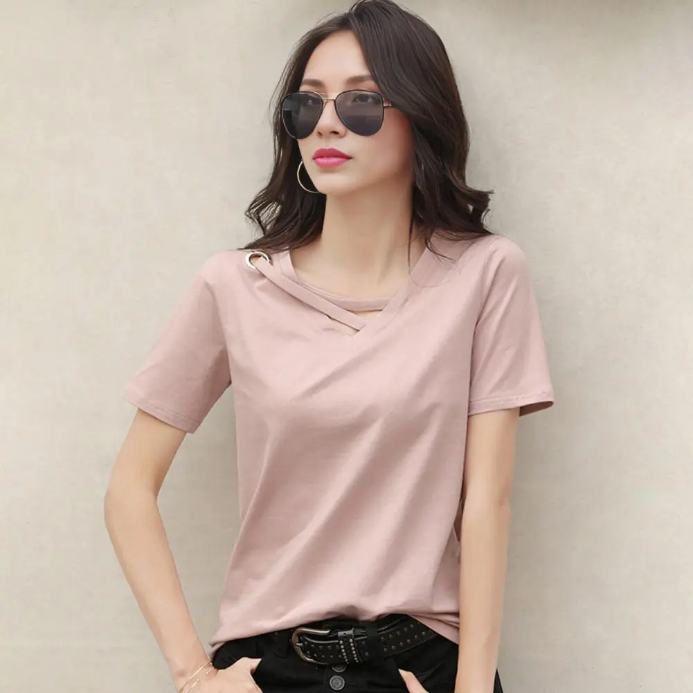Pink Stain Women Blouse V-Neck Lace-Up Collar Short Sleeve T-Shirt Solid Color Loose Fit Casual Tee Shirt Casual Lace-Up Top