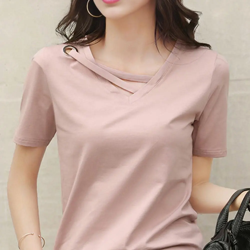 Pink Stain Women Blouse V-Neck Lace-Up Collar Short Sleeve T-Shirt Solid Color Loose Fit Casual Tee Shirt Casual Lace-Up Top