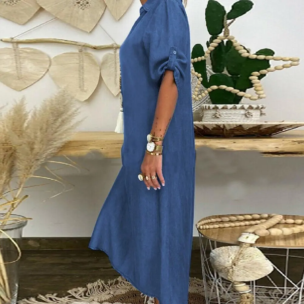 2025 Women Denim Dress V-neck Pullover Casual Denim Maxi Dress Short Sleeve Cufflink Split Hem Buttons Loose Pullover Dress