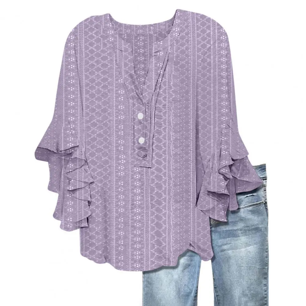 Women Top Tee Shirt Elegant V-neck Lace Ruffle Women's Pullover Top with Printed Sleeves Loose Fit Leisure Blouse for Daily Wear