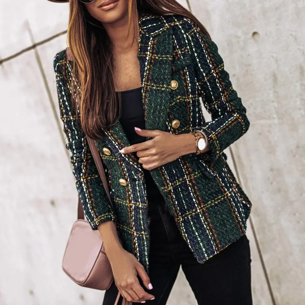 Chic Women Double Breasted Plaid Coat Vintage Long Sleeve Flap Pockets Casual Buttons Autumn Female Outerwear