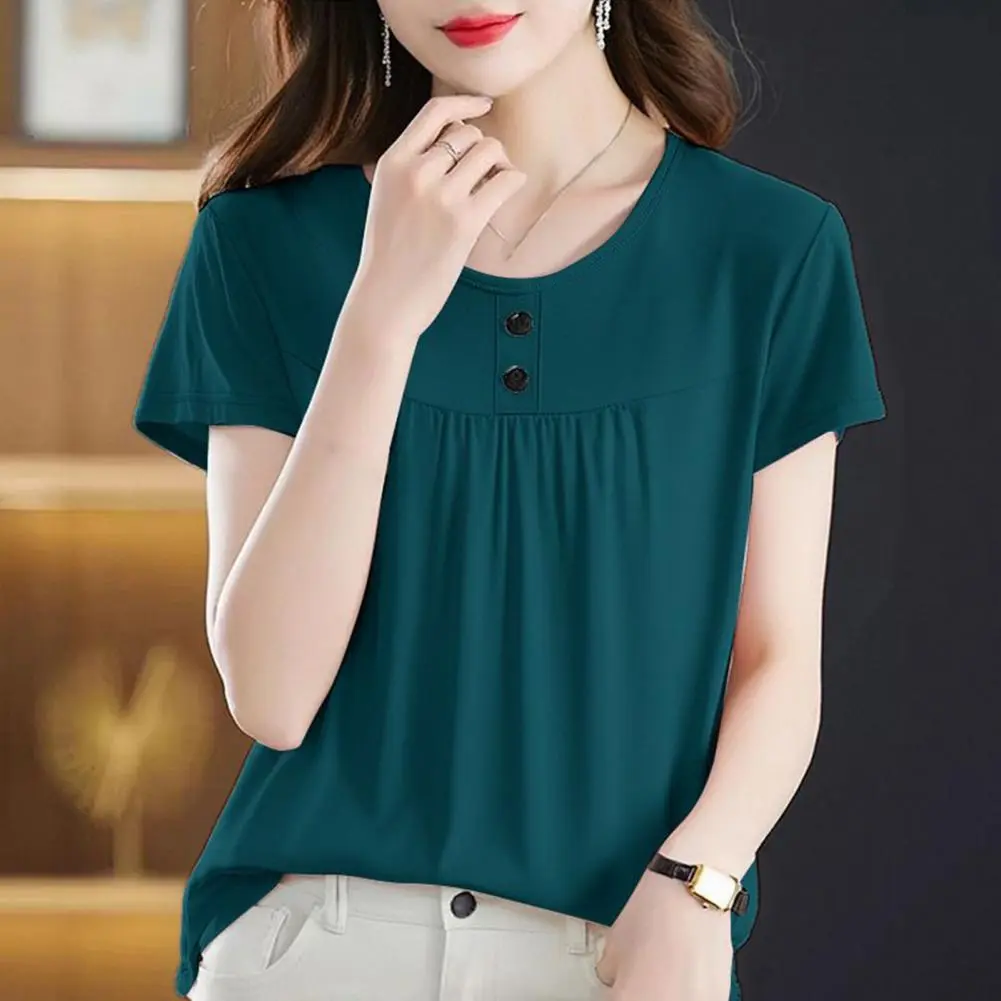 Women Blouse Round Neck Short Sleeve Buttons Decor Tee Shirt Solid Color Loose Fit Versatile Summer Comfortable Women Blouse Top