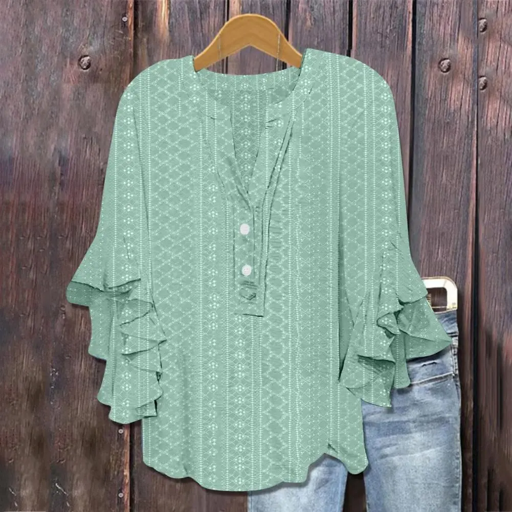 Women Top Tee Shirt Elegant V-neck Lace Ruffle Women's Pullover Top with Printed Sleeves Loose Fit Leisure Blouse for Daily Wear