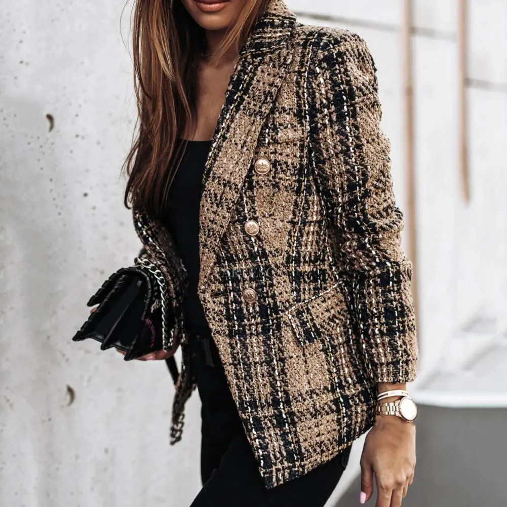 Chic Women Double Breasted Plaid Coat Vintage Long Sleeve Flap Pockets Casual Buttons Autumn Female Outerwear