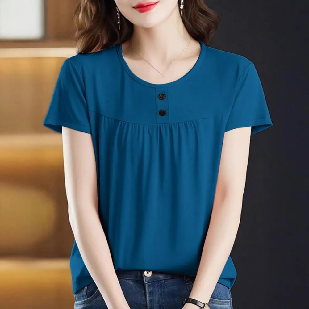 Women Blouse Round Neck Short Sleeve Buttons Decor Tee Shirt Solid Color Loose Fit Versatile Summer Comfortable Women Blouse Top