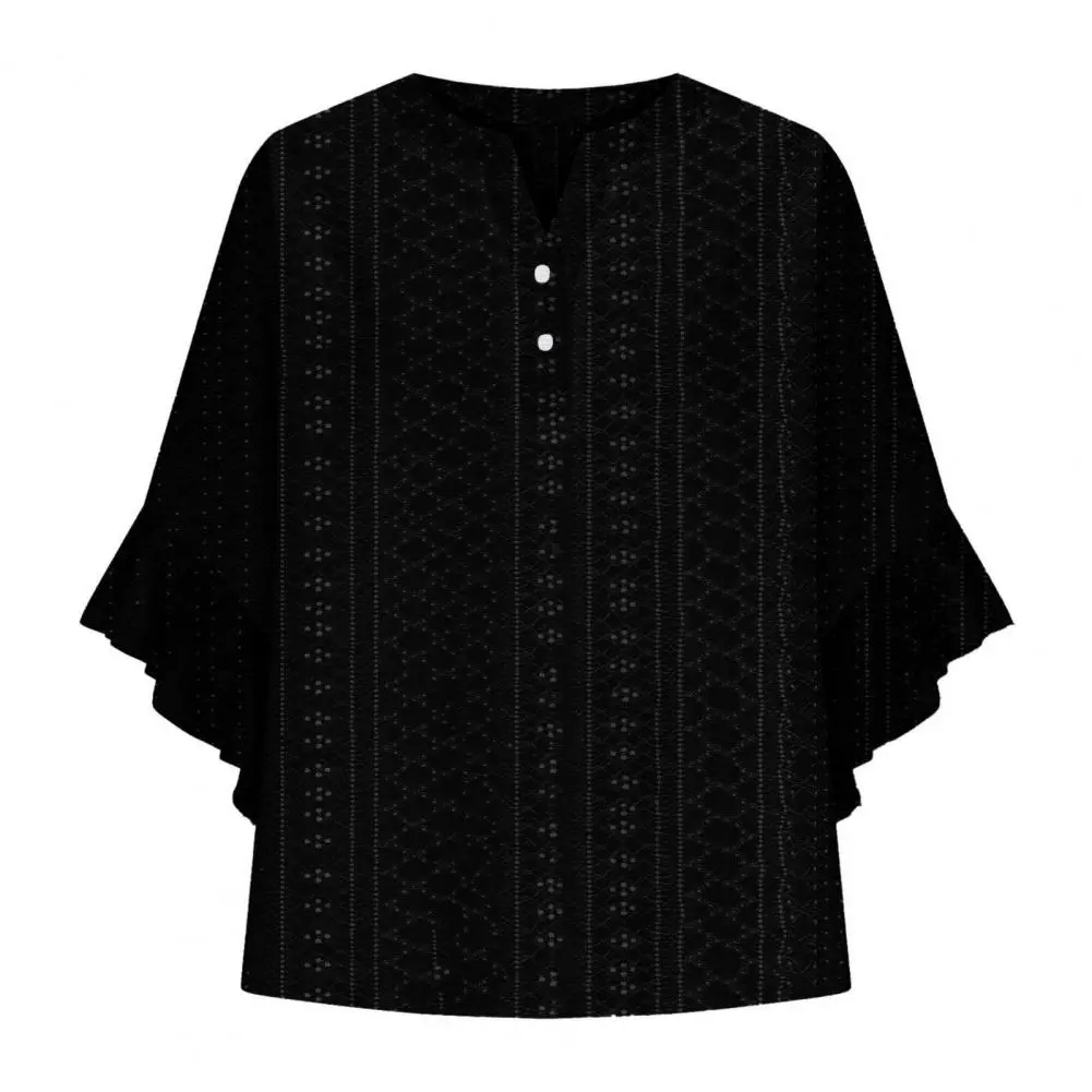 Women Top Tee Shirt Elegant V-neck Lace Ruffle Women's Pullover Top with Printed Sleeves Loose Fit Leisure Blouse for Daily Wear