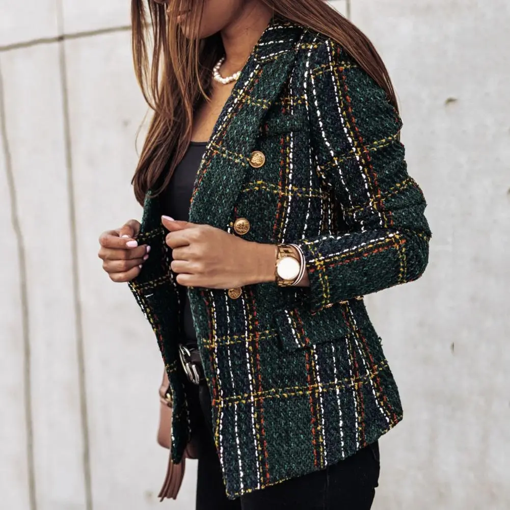 Chic Women Double Breasted Plaid Coat Vintage Long Sleeve Flap Pockets Casual Buttons Autumn Female Outerwear