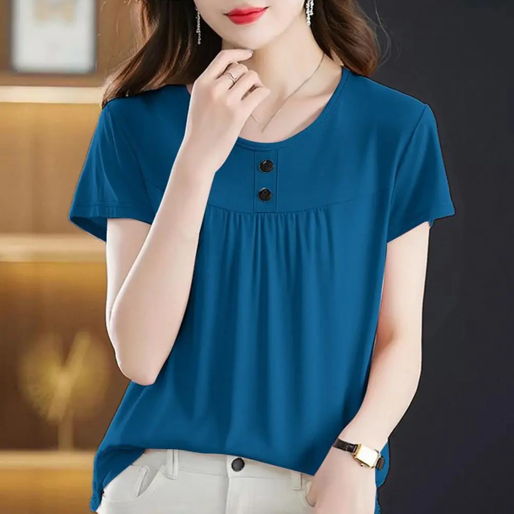 Women Blouse Round Neck Short Sleeve Buttons Decor Tee Shirt Solid Color Loose Fit Versatile Summer Comfortable Women Blouse Top