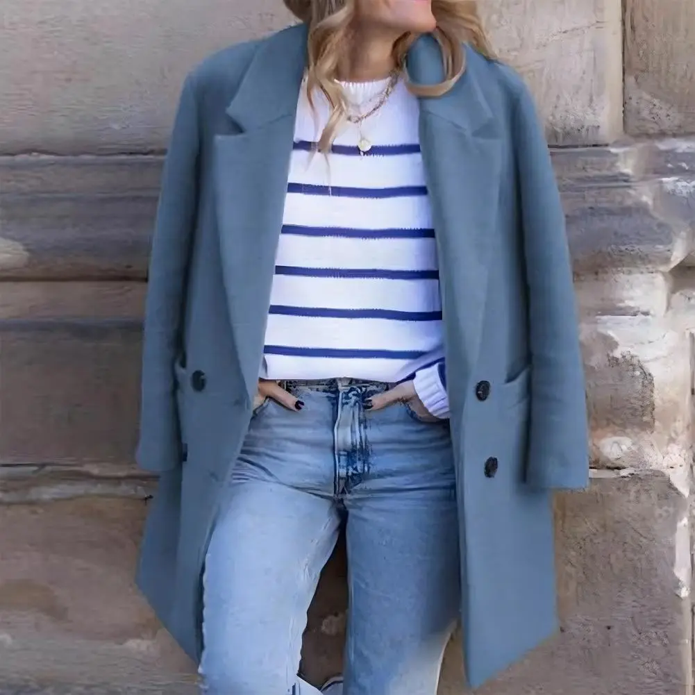 Double-breasted Women Woolen Coat Double-breasted Turn-down Collar Buttons Cardigan Mid Length Outdoor Thick Winter Woolen Coat
