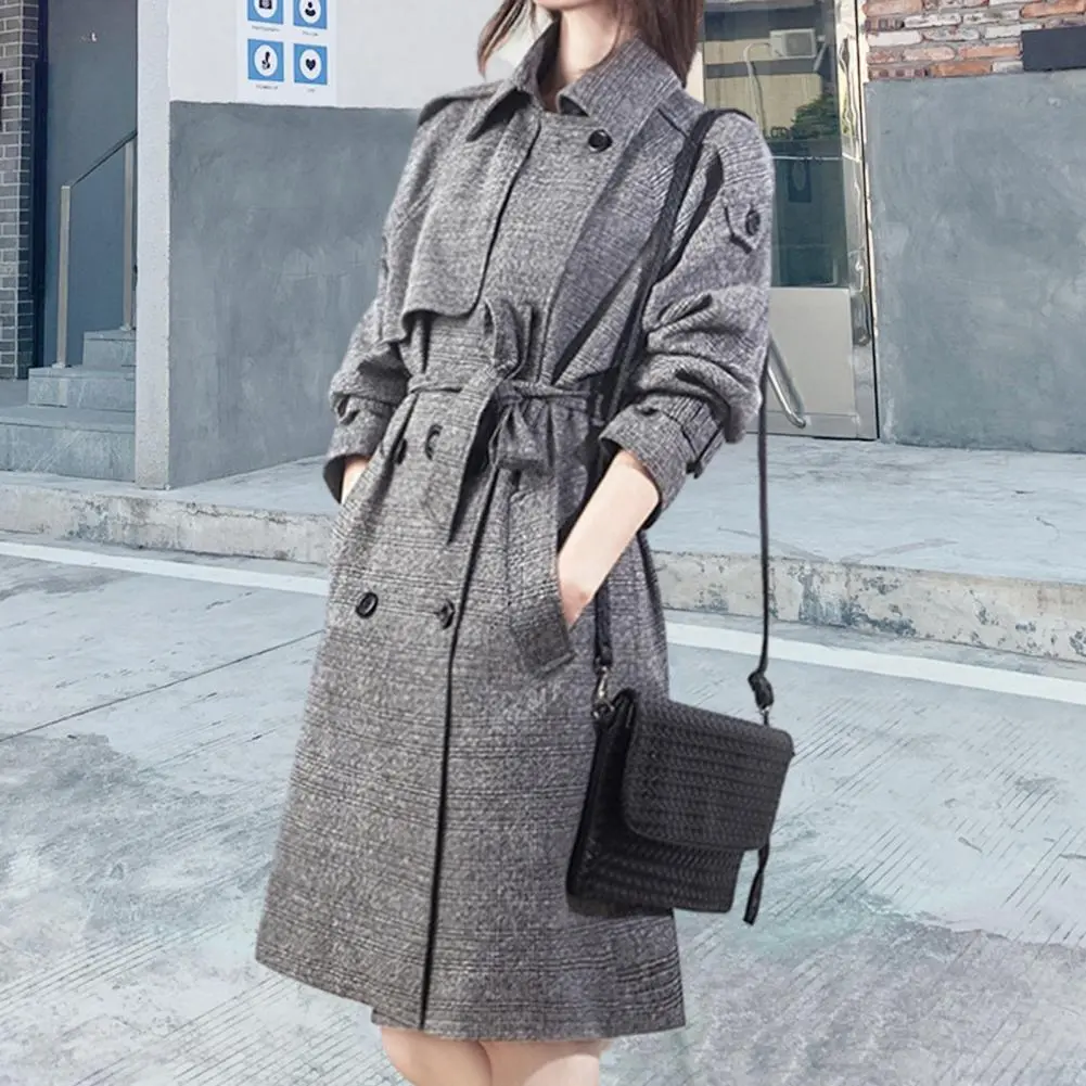 Women Windbreaker Coat Mid-length Coat Chic Plaid Print Women's Woolen Coat Double Breasted Pockets Belt Woolen Coat Outwear