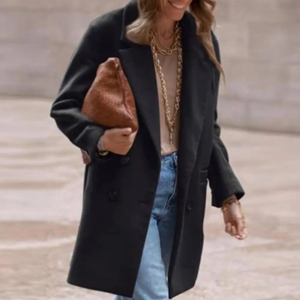 Double-breasted Women Woolen Coat Double-breasted Turn-down Collar Buttons Cardigan Mid Length Outdoor Thick Winter Woolen Coat