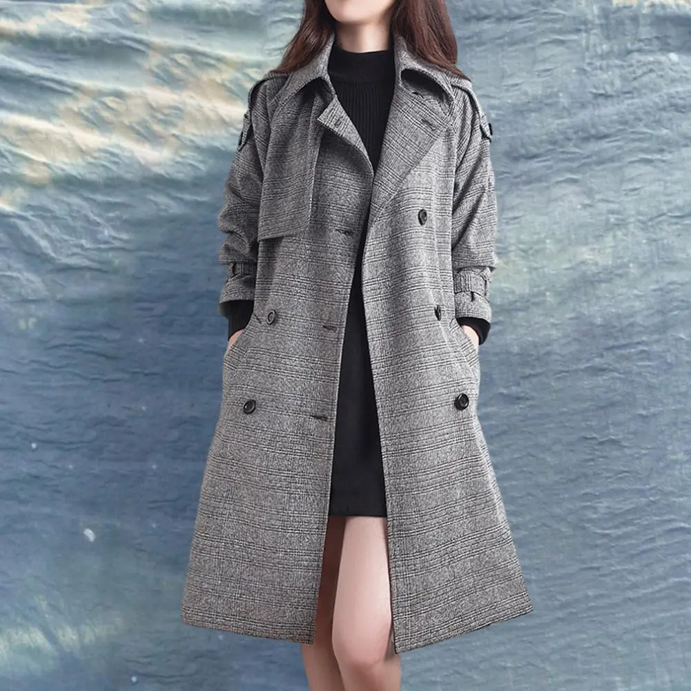 Women Windbreaker Coat Mid-length Coat Chic Plaid Print Women's Woolen Coat Double Breasted Pockets Belt Woolen Coat Outwear