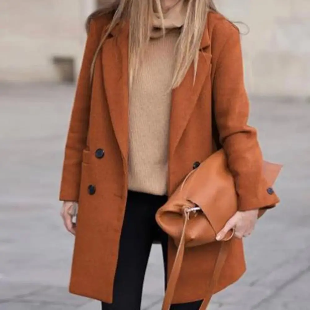 Double-breasted Women Woolen Coat Double-breasted Turn-down Collar Buttons Cardigan Mid Length Outdoor Thick Winter Woolen Coat