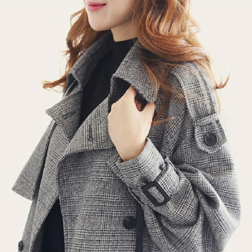 Women Windbreaker Coat Mid-length Coat Chic Plaid Print Women's Woolen Coat Double Breasted Pockets Belt Woolen Coat Outwear
