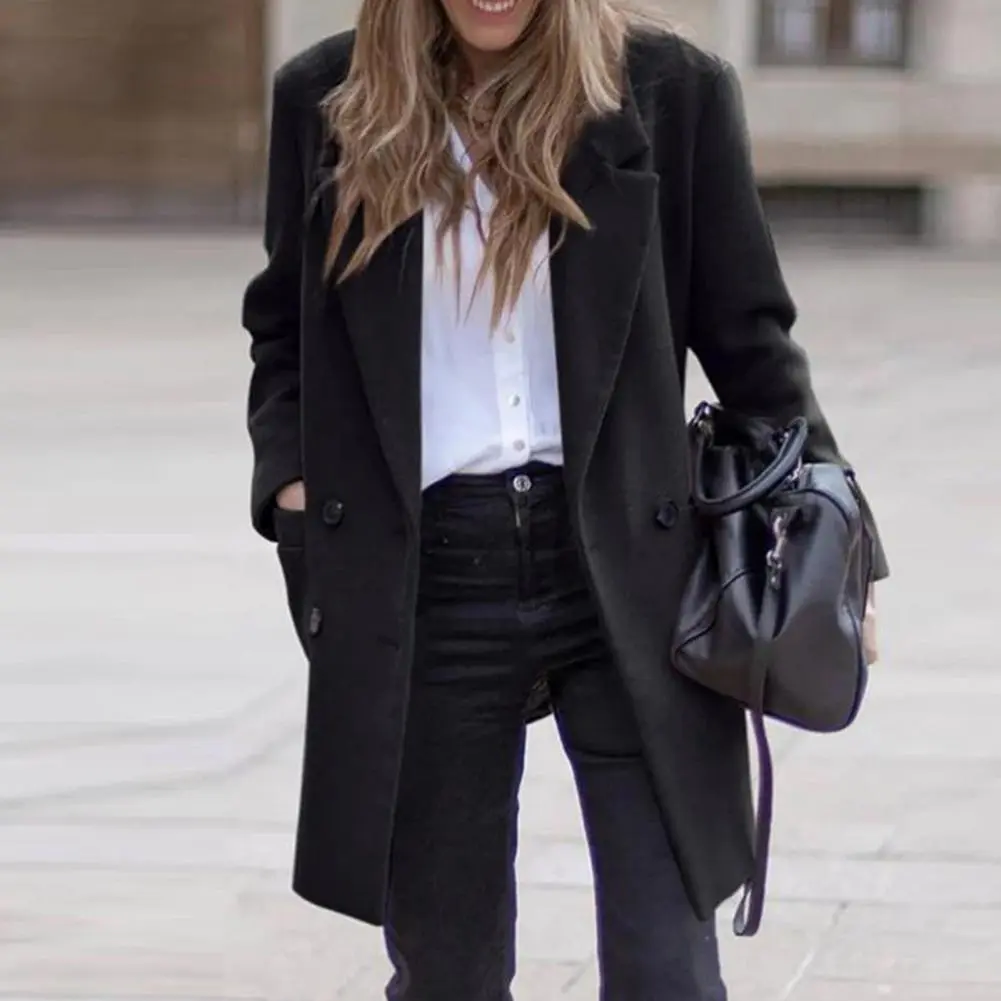 Double-breasted Women Woolen Coat Double-breasted Turn-down Collar Buttons Cardigan Mid Length Outdoor Thick Winter Woolen Coat