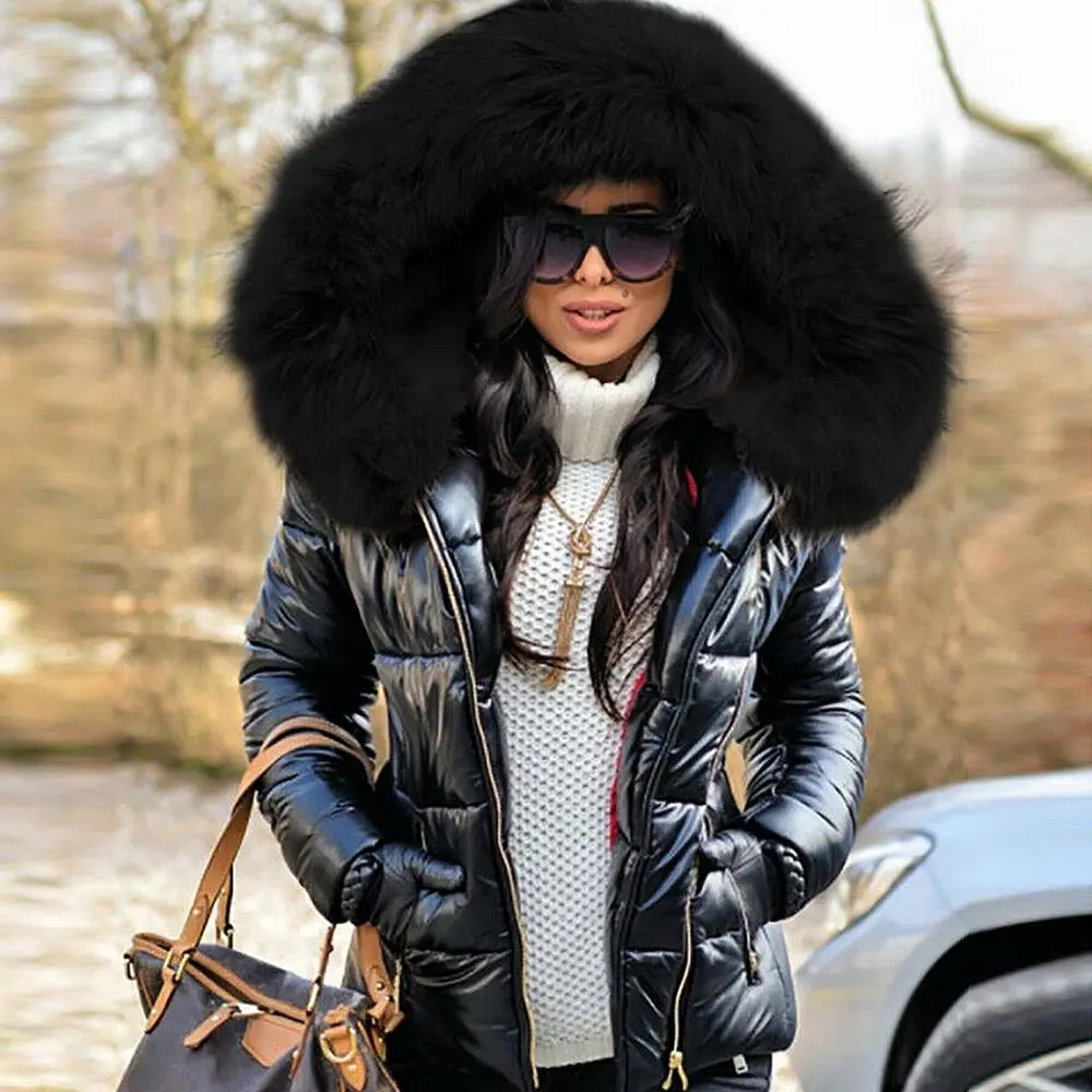 Glossy Faux Fur Collar Women Parkas Thick Warm Fluff Parka For Women Winter Jacket Cotten Padded Women Coat Winter Outerwear