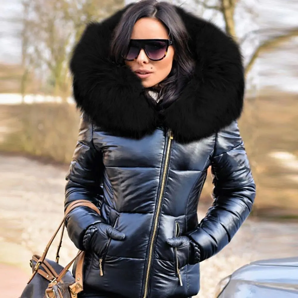 Glossy Faux Fur Collar Women Parkas Thick Warm Fluff Parka For Women Winter Jacket Cotten Padded Women Coat Winter Outerwear