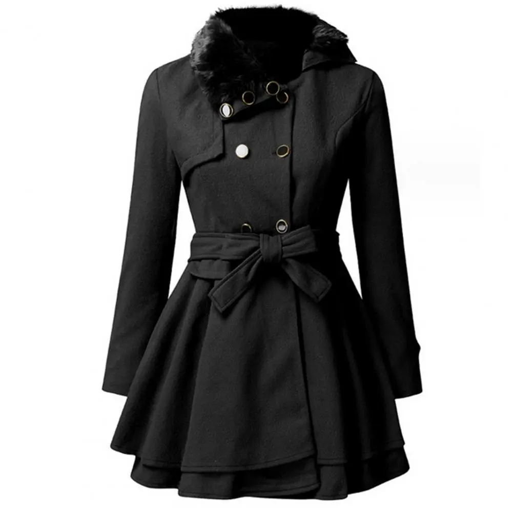 Women Woolen Coat Korean Style Waist Tie Trench Coat Double Breasted Belt Autumn Winter Medium Long Woolen Coat Lady Windbreaker