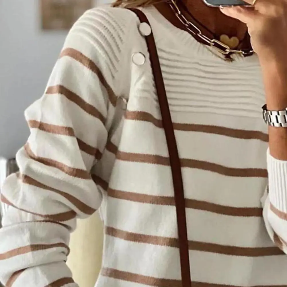 Women Round Neck Striped Mini Sweater Dress Striped Print Women Dress Striped Print Knit Dress Cozy O-neck Sweater Autumn Dress