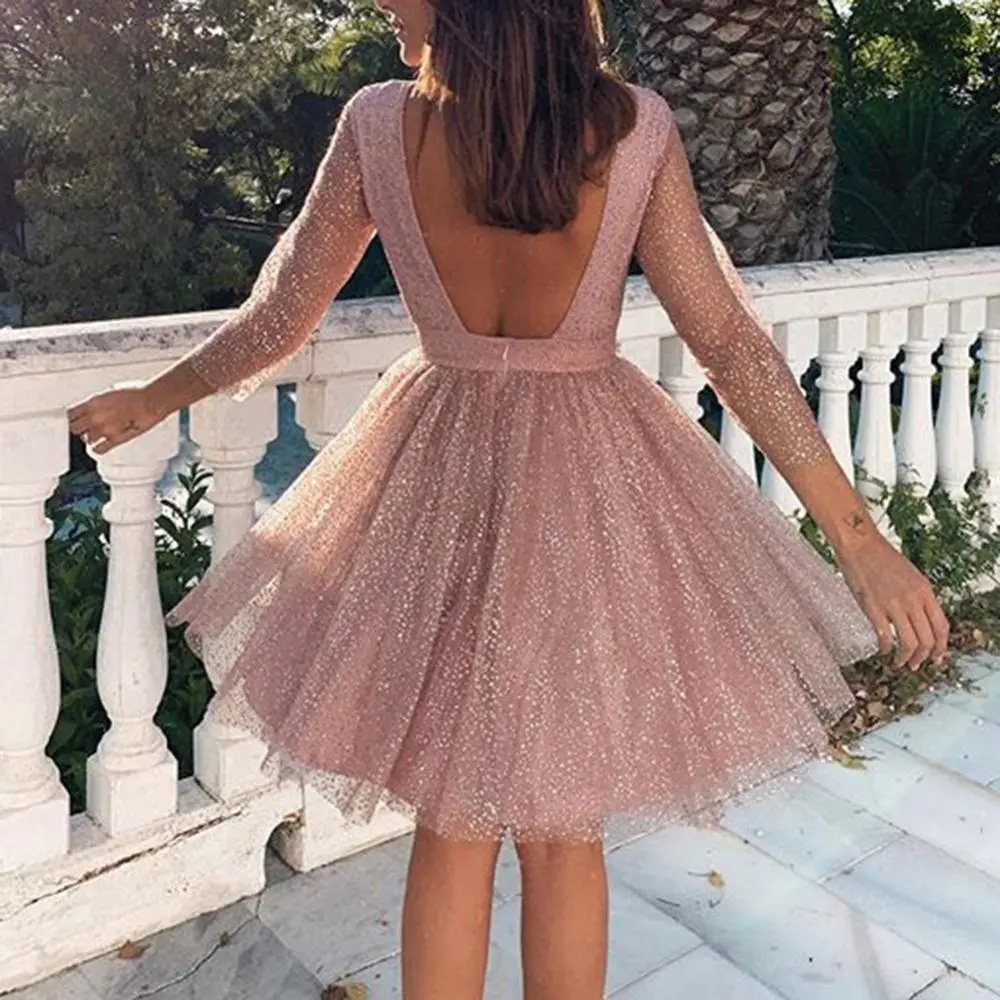 2024 Women See-through Sequins Dress Gown Long Sleeve O-neck Backless Mini Dresses Female Wedding Evening Party Dresses