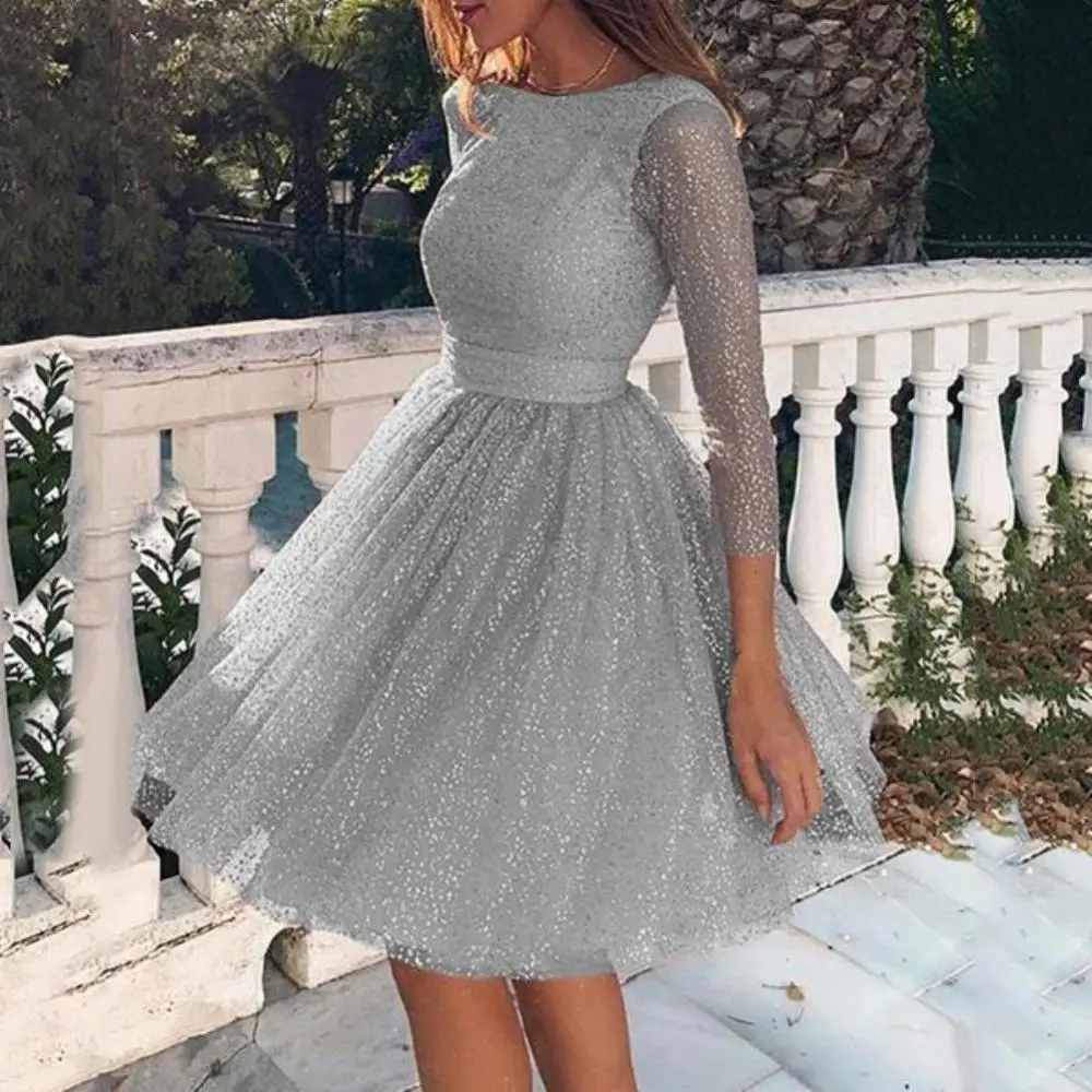 2024 Women See-through Sequins Dress Gown Long Sleeve O-neck Backless Mini Dresses Female Wedding Evening Party Dresses