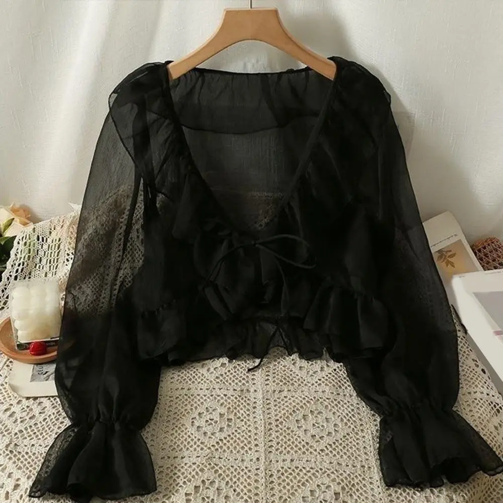 Chiffon V-neck Tie Lace Blouse Women Cardigan Lace-Up Sunscreen Shirt Ruffle Trim Summer Thin Sun Protection Chiffon Shirt
