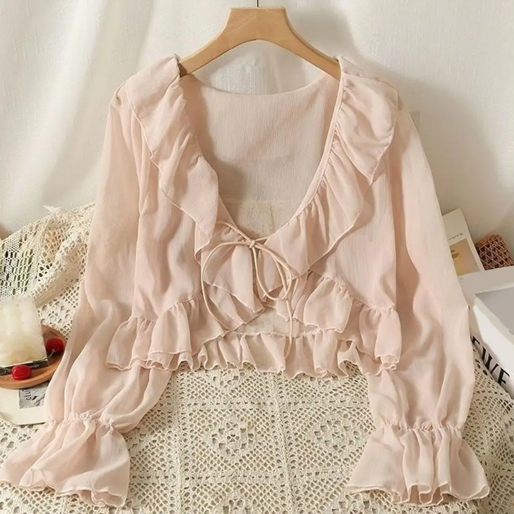 Chiffon V-neck Tie Lace Blouse Women Cardigan Lace-Up Sunscreen Shirt Ruffle Trim Summer Thin Sun Protection Chiffon Shirt