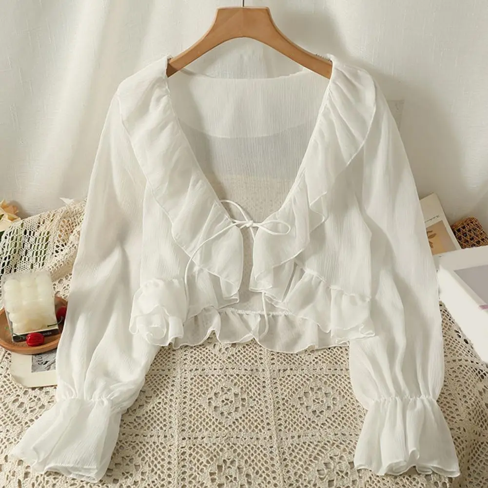 Chiffon V-neck Tie Lace Blouse Women Cardigan Lace-Up Sunscreen Shirt Ruffle Trim Summer Thin Sun Protection Chiffon Shirt
