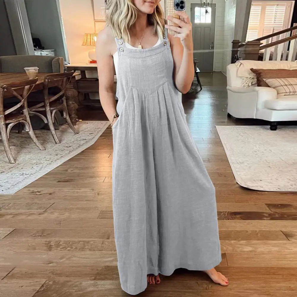 Square Neck Jumpsuit Cotton Linen Loose Wide Leg Women Jumpsuit Summer Front Pocket Casual Solid Color Jumpsuit Lady Overall