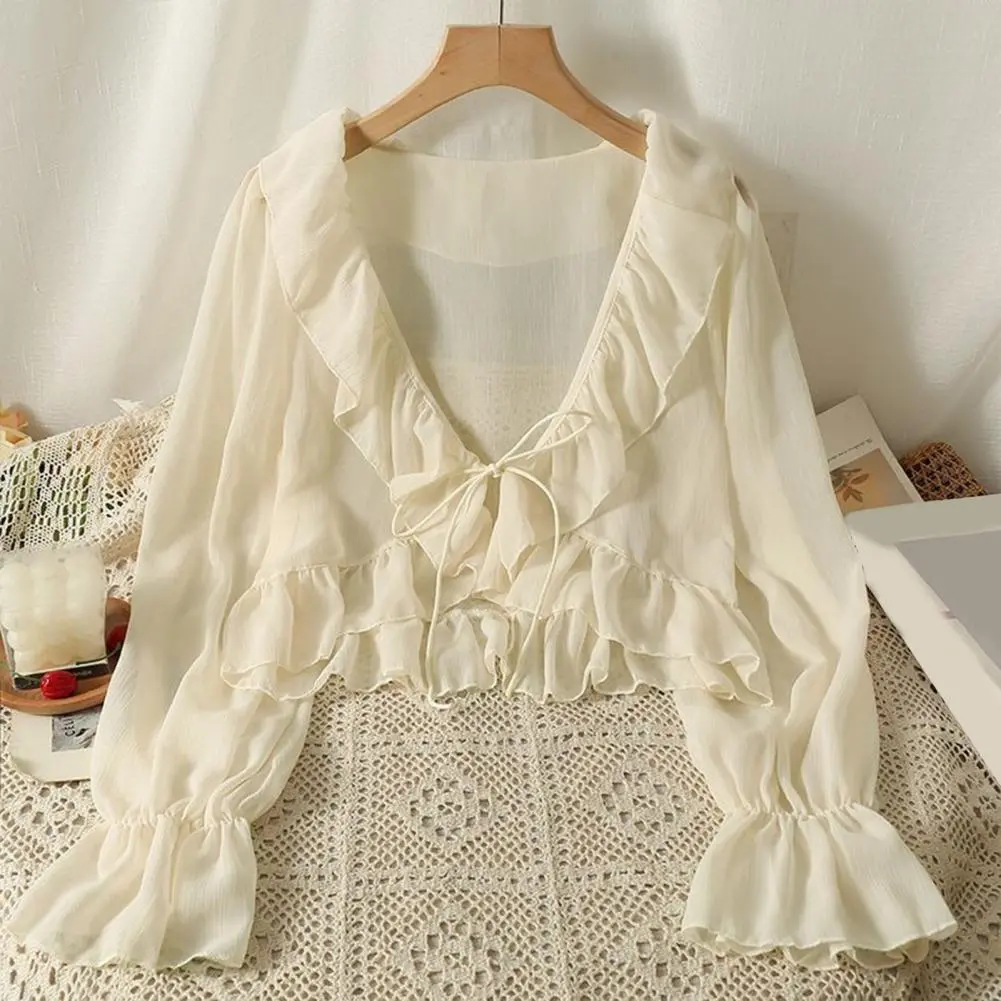 Chiffon V-neck Tie Lace Blouse Women Cardigan Lace-Up Sunscreen Shirt Ruffle Trim Summer Thin Sun Protection Chiffon Shirt