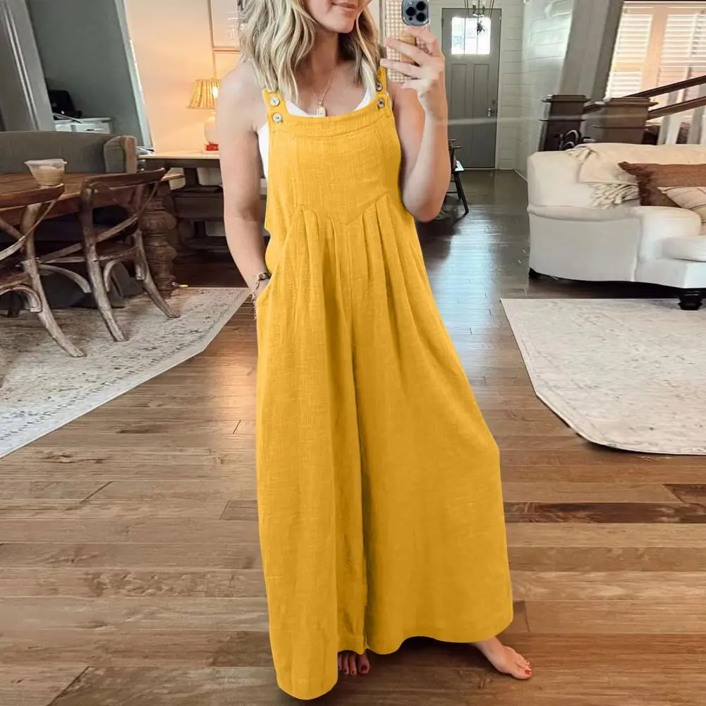 Square Neck Jumpsuit Cotton Linen Loose Wide Leg Women Jumpsuit Summer Front Pocket Casual Solid Color Jumpsuit Lady Overall