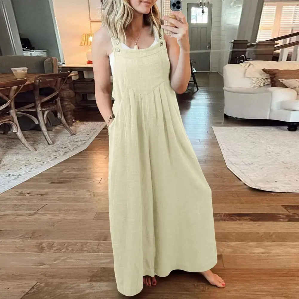 Square Neck Jumpsuit Cotton Linen Loose Wide Leg Women Jumpsuit Summer Front Pocket Casual Solid Color Jumpsuit Lady Overall