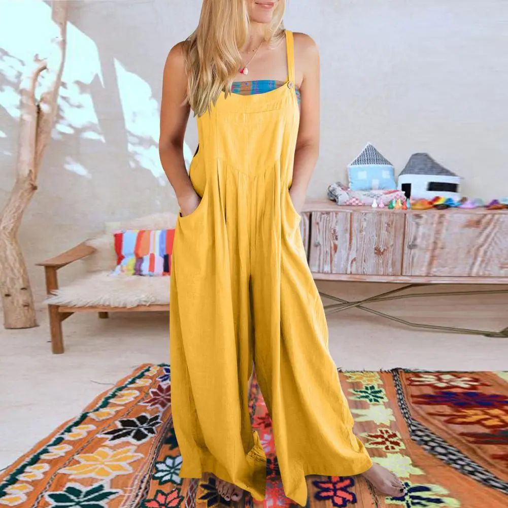 Square Neck Jumpsuit Cotton Linen Loose Wide Leg Women Jumpsuit Summer Front Pocket Casual Solid Color Jumpsuit Lady Overall