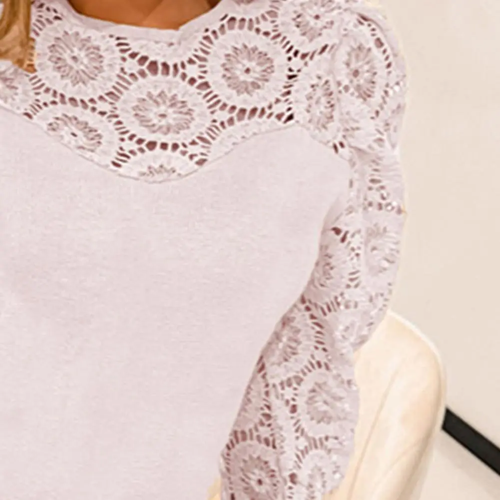 2025 Women Lace Detail Shirt See-thtough Puff Sleeve Hollow Out Lace Patchwork Long Sleeve Women Blouse Lady Commute Shirt