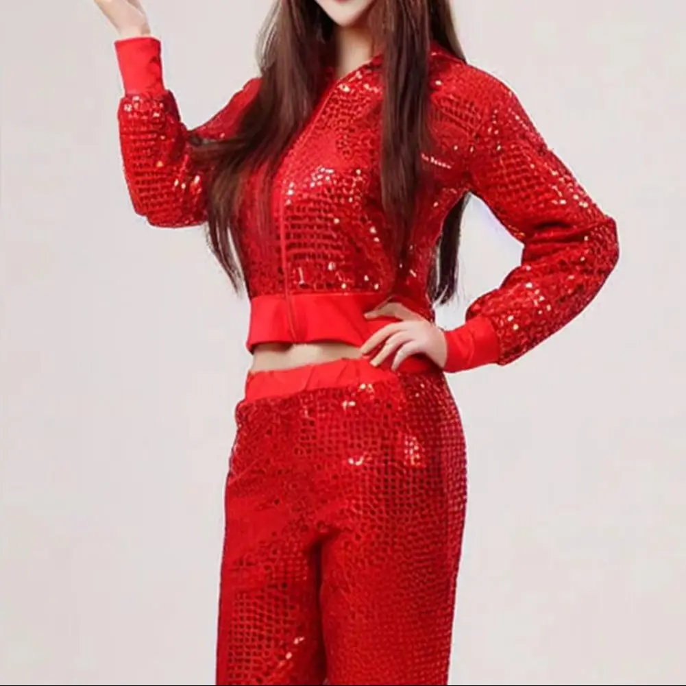 2 Pcs/Set Adult Performance Suit Unisex Shiny Sequin Coat Pants Set Hooded Zipper Elastic Waist Long Sleeves Cheerleader Hip Hop