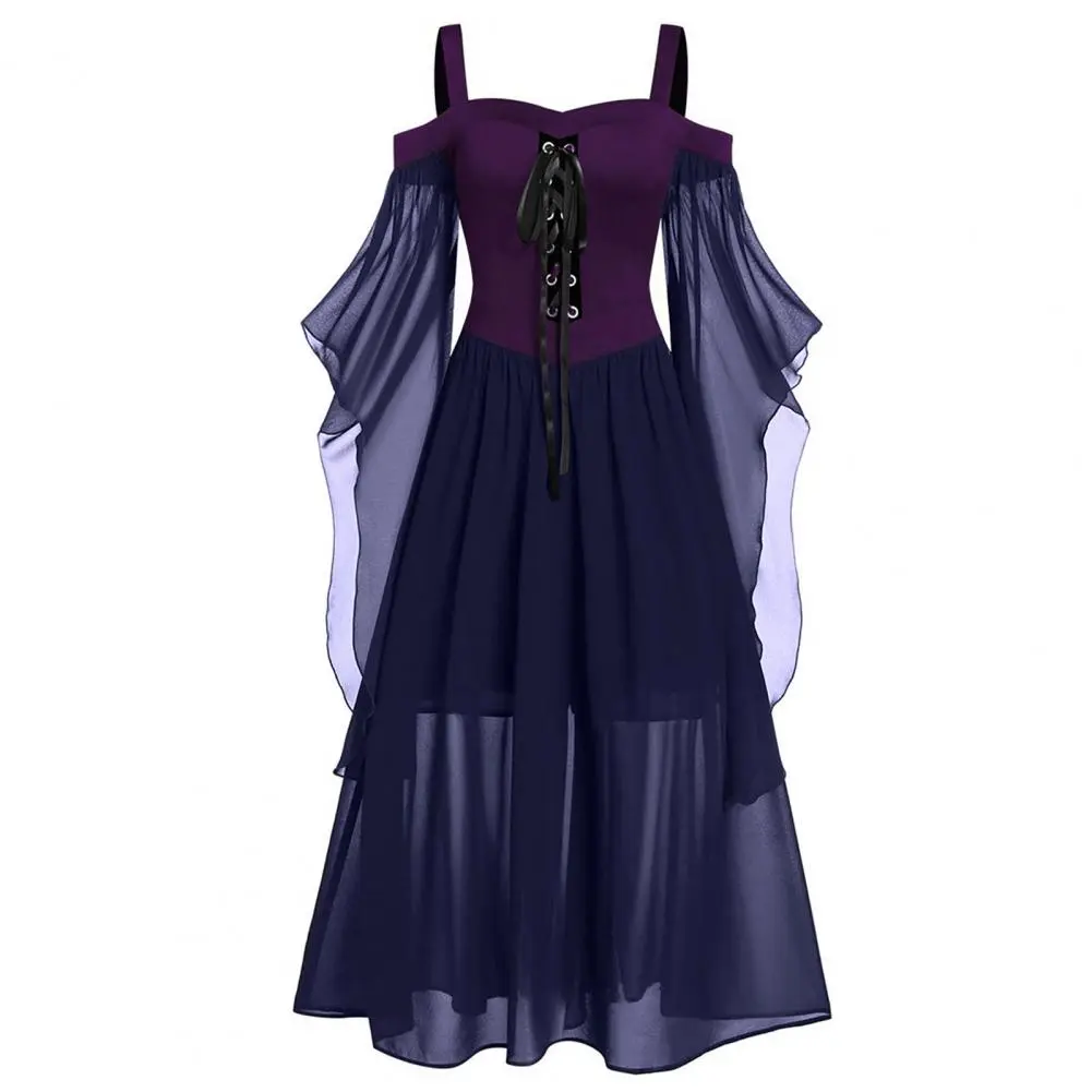 2025 Medieval Witch Dress Women Net Yarn Sleeve Front Cross Bandage Mesh Sheer Chiffon Hem Waist Tight Gothic Halloween Dress